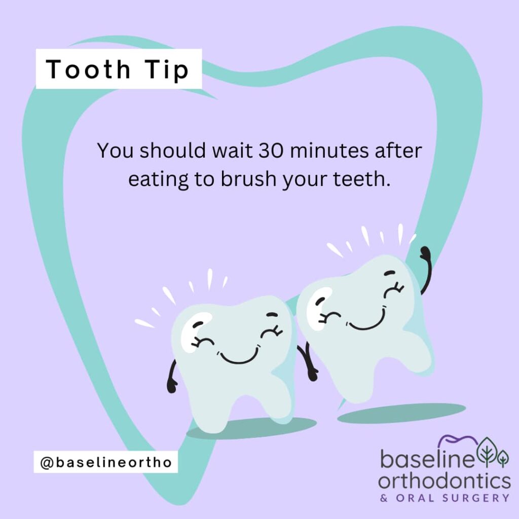 Tooth tip graphic reminding patients to wait 30 minutes after eating before brushing teeth
