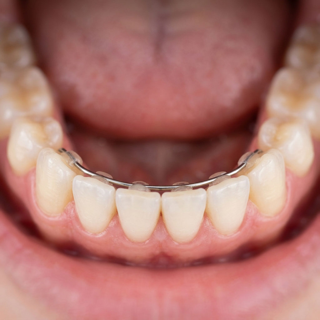 Close-up of lower front teeth with a dental lingual retainer wire bonded to the back of the teeth.
